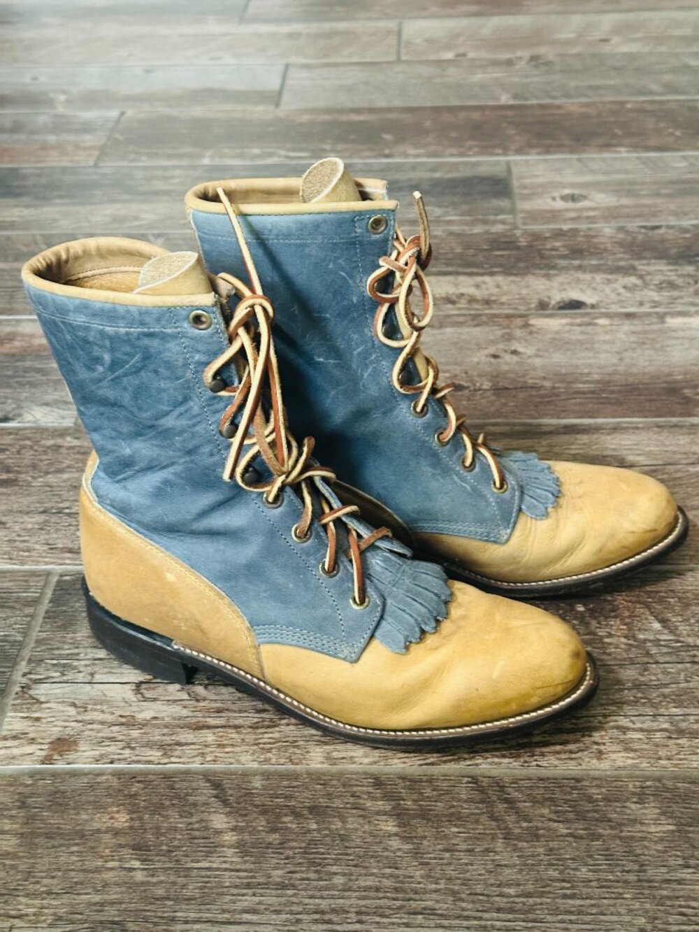 Justin Brown Blue Roper Lace Up Women Ankle Cowboy Boots Sz 7C - Picture 8 of 8
